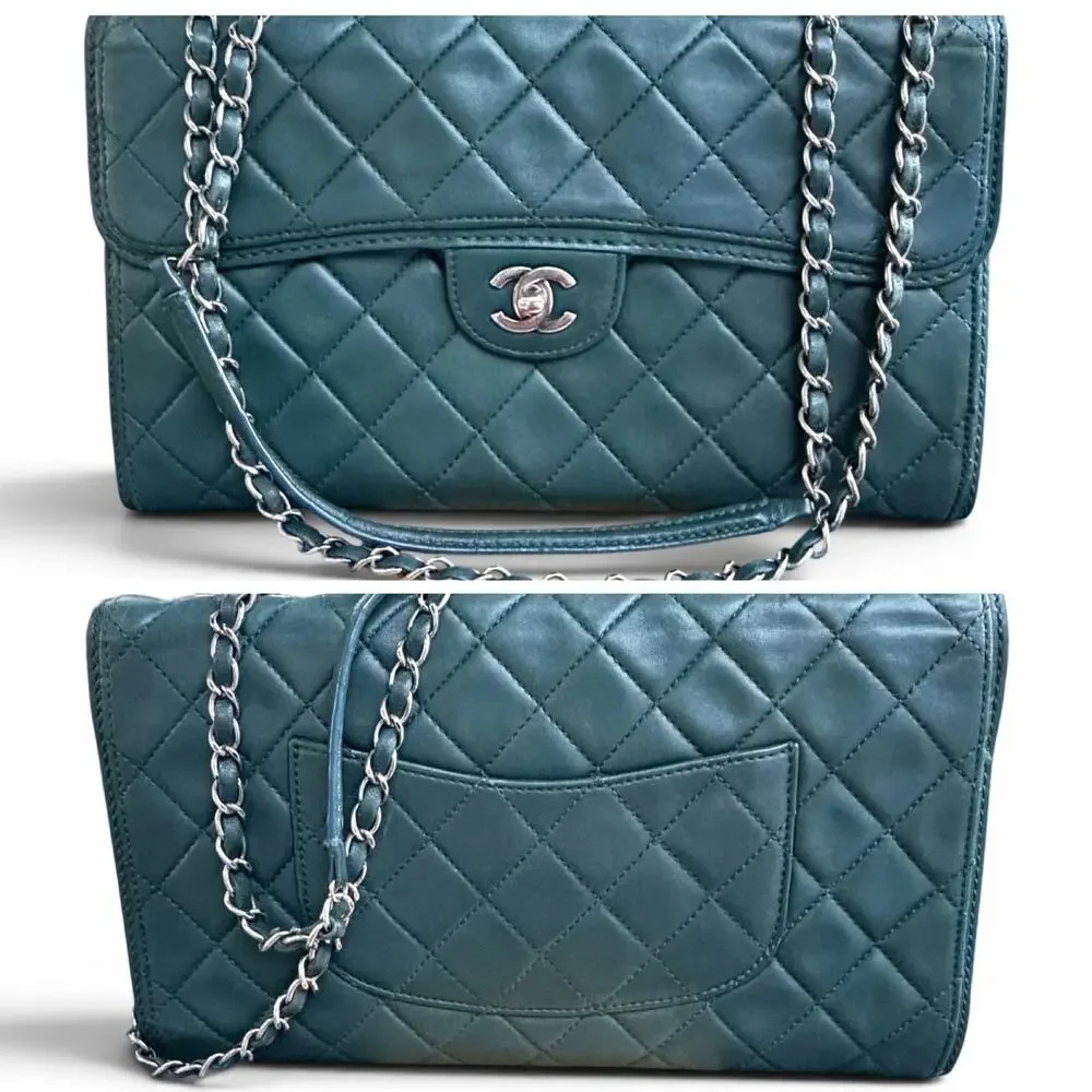 Chanel Classic Flap Jumbo Accordion Dark Green Lambskin Silver Hardware w/ COA
